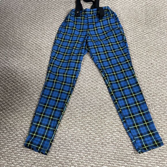 Hot Topic Pants Women XS Blue Plaid Goth Pants Slacks Punk Blue Green w/ Straps - Picture 1 of 12